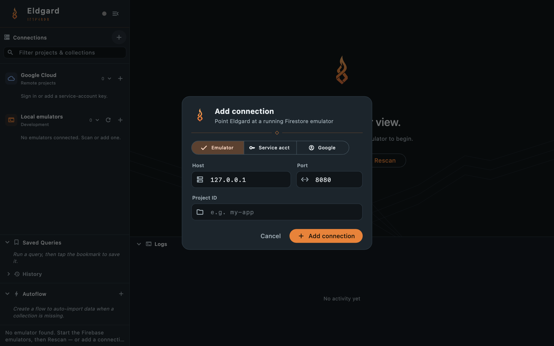 Eldgard Add connection dialog with Emulator, Service account, and Google options; the emulator form shows local host and port fields