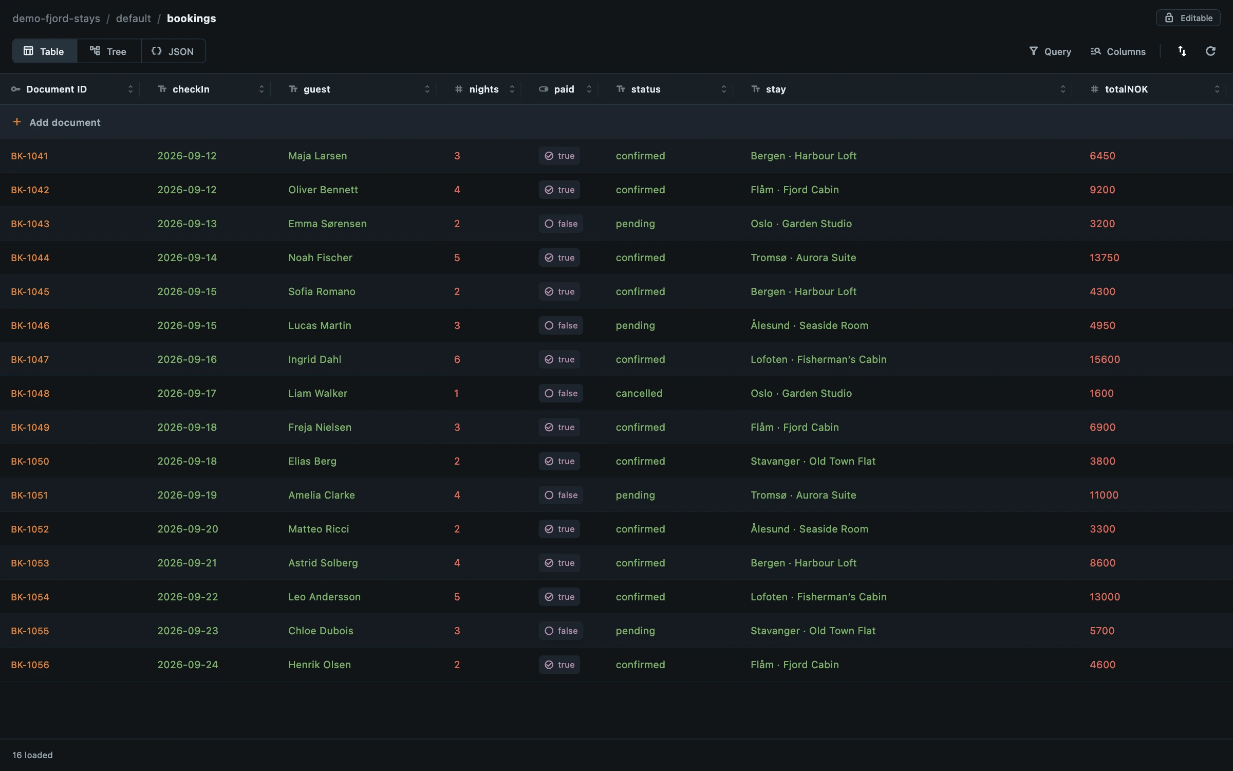 Eldgard desktop table showing typed fields in a sample Firestore collection