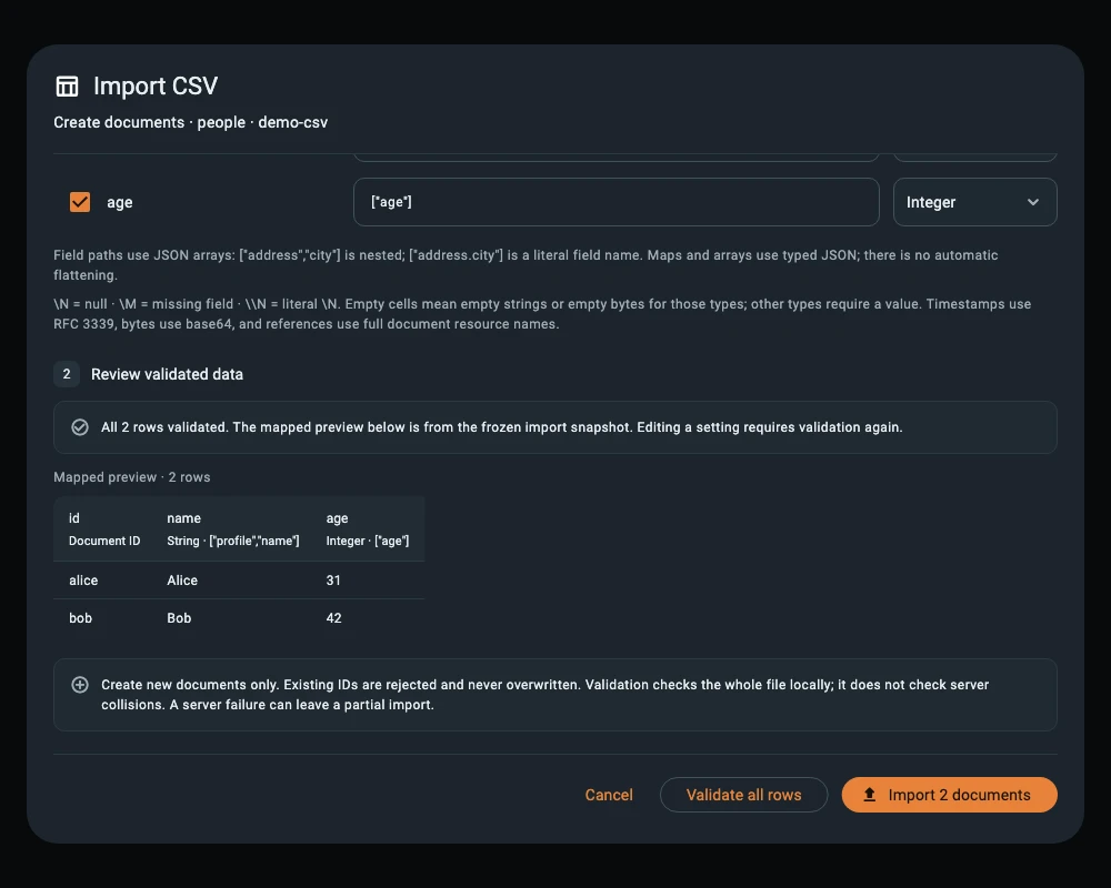 Actual Eldgard CSV import review showing two validated demo rows, explicit field types, and the create-new-documents-only policy