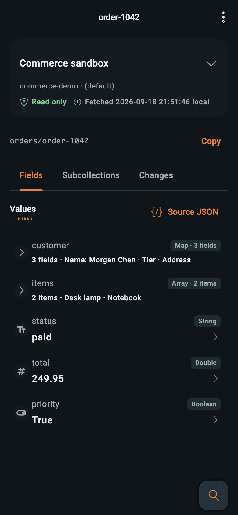 Eldgard mobile companion showing a read-only document with typed fields