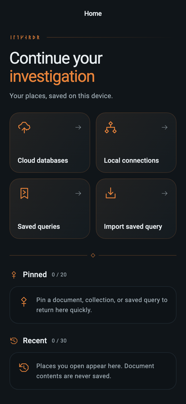 Eldgard mobile Home screen with cloud databases, local connections, saved queries, and query import shortcuts