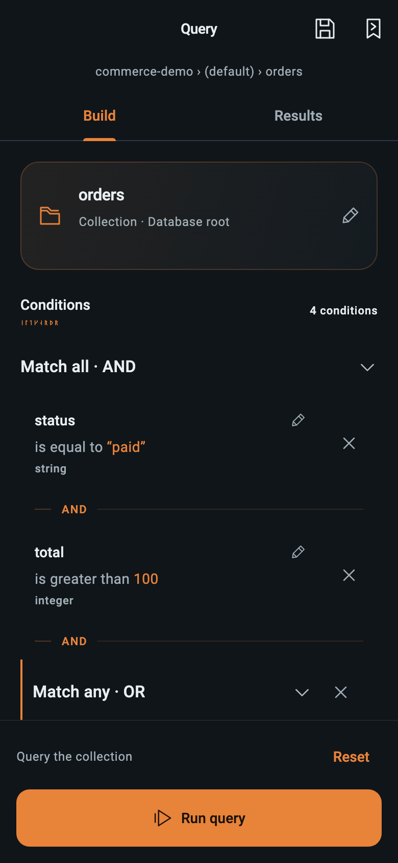 Eldgard mobile query builder showing typed status and total filters with nested AND and OR conditions on a demo orders collection