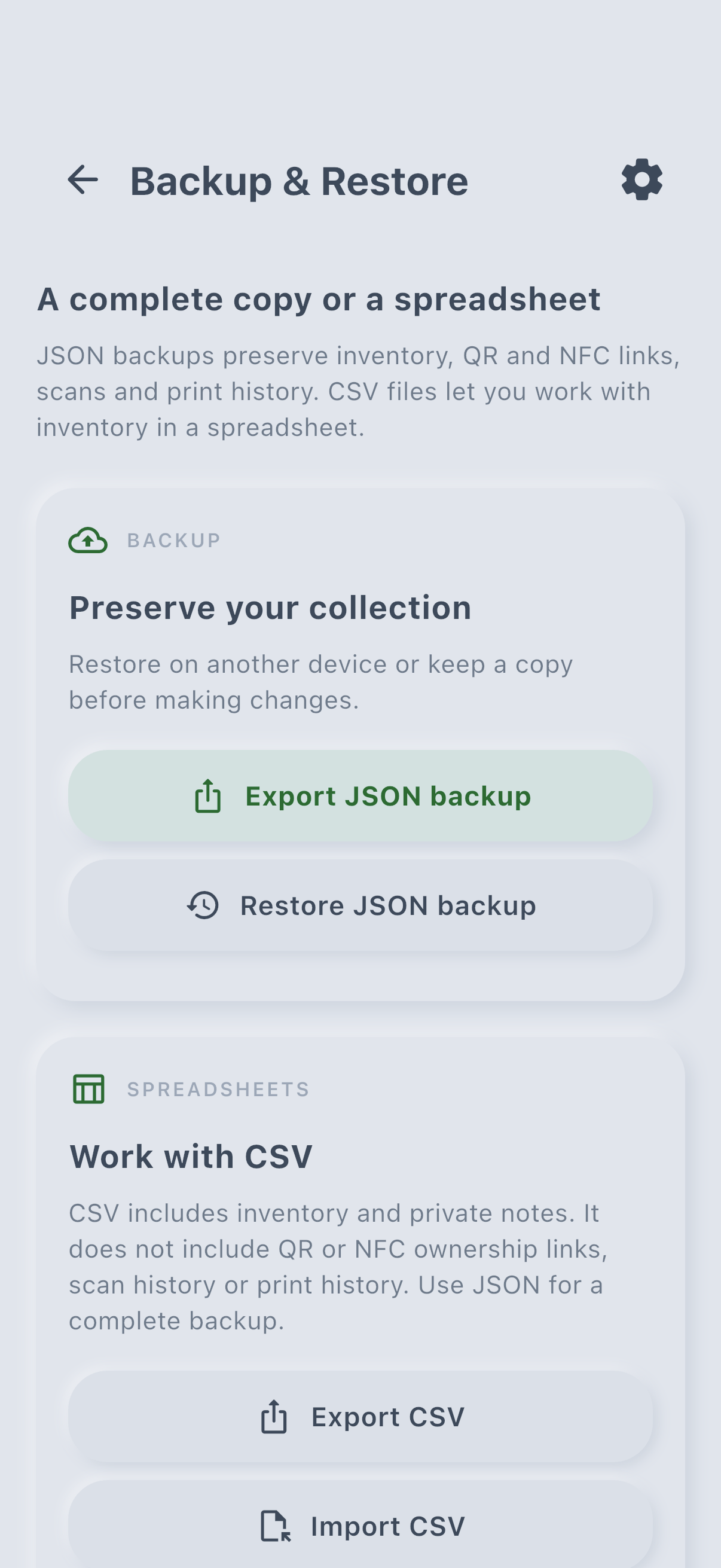 Spoolmark backup and restore screen with JSON backup and CSV inventory import and export