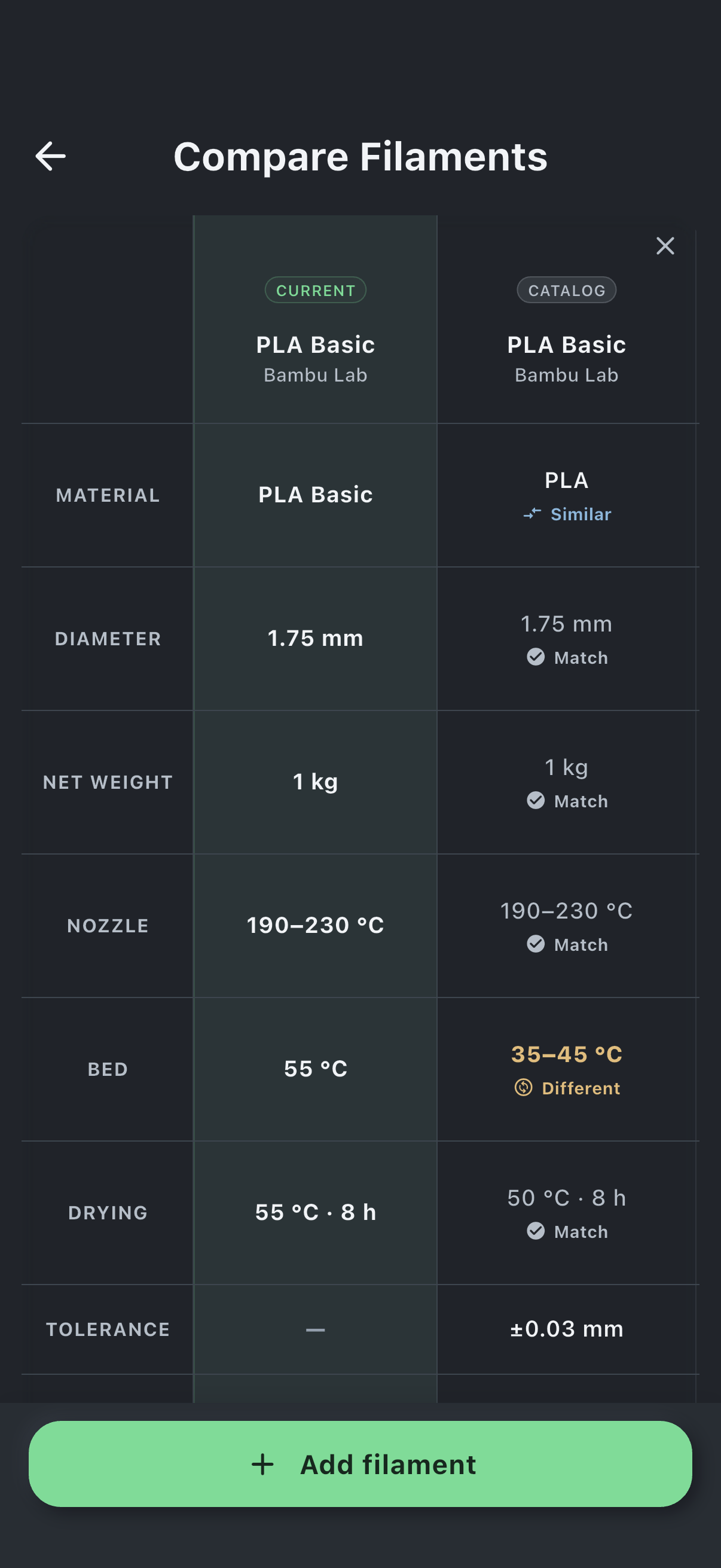 Spoolmark filament comparison showing two catalog filaments side by side in dark theme