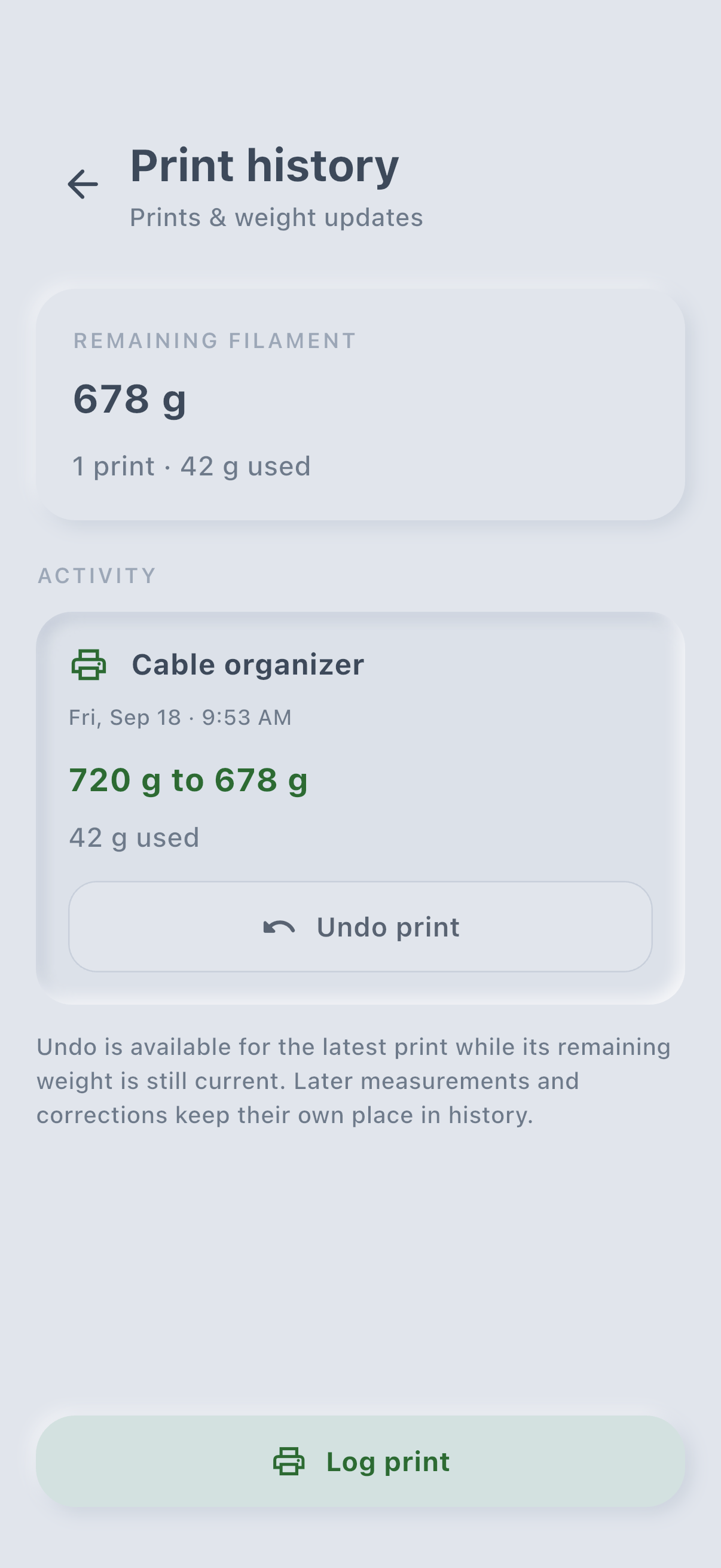 Spoolmark print history showing a cable organizer print using 42 grams and 678 grams remaining