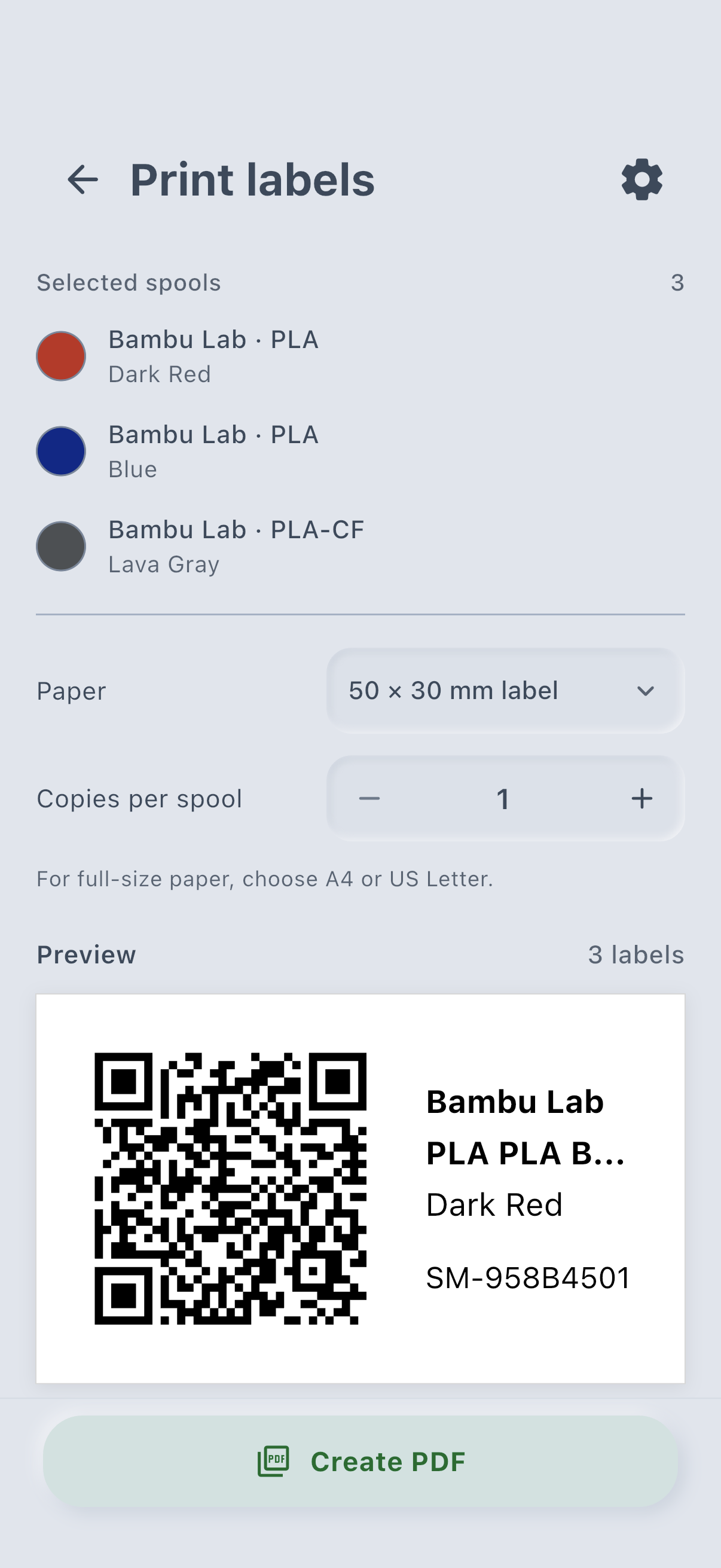 Spoolmark print labels screen with PDF layout sizes and copies for selected spools